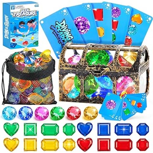 DISHIO Diving Toys for Kids, Seek Treasure Underwater Pool Gem Hunt Pool Game with 60PCS Sinking Gems, Pirate Treasure Chest, 35PCS Game Cards, Summer Swimming Pool Toys for Toddlers Kids Age 3-10