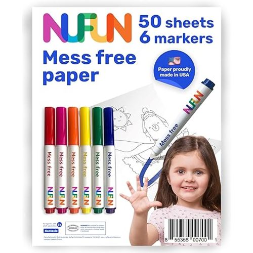 NuFun Activities Mess Free Set - Kids Create No Mess Wonders with Special Coloring Paper, Gift for Toddlers and Kids, 50 Blank Pages and 6 Markers