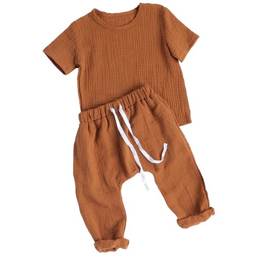 0-24M Baby Boys Girls Cotton Linen T-Shirt + Drawstring Long Pants Outfit 2 Pieces Summer Clothing Set Playwear - Brown - 9 - 12 Months