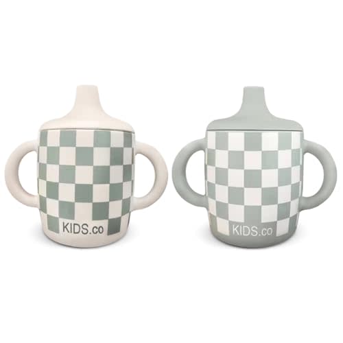 KIDSco. Silicone Sippy Cups with Easy Grip Transition Handles and a Soft Spout. A Non Txoic No Spill Unbreakable Training Cup. 150ml/5oz |2-PACK Sandy Shore & Green Checkers|