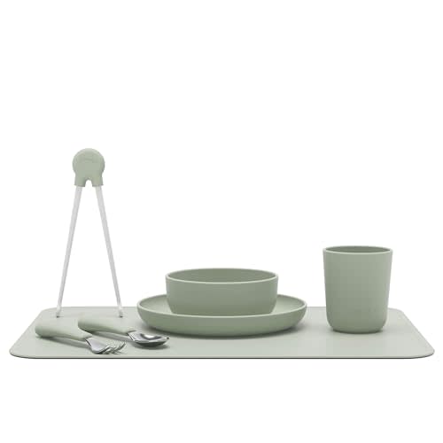 Lalo Big Bites Kids Dinnerware Full Set - Dishwasher Safe, BPA Free, Kids Tableware Set - Includes Stackable Bowl, Plate, Utensils & Cup - 7 Pieces - Sage