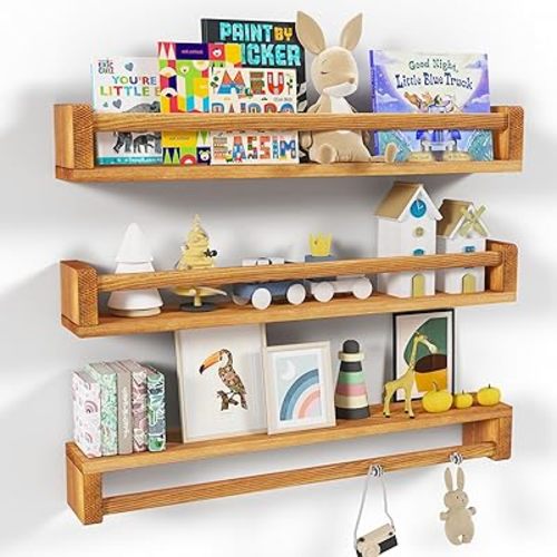Nursery Floating Shelves, Wood Nursery Book Shelves for Wall, 32 inch Wall Bookshelf for Kids Solid Wood Wall Mounted Shelves for Books,Toys and Decor Storage, Set of 3