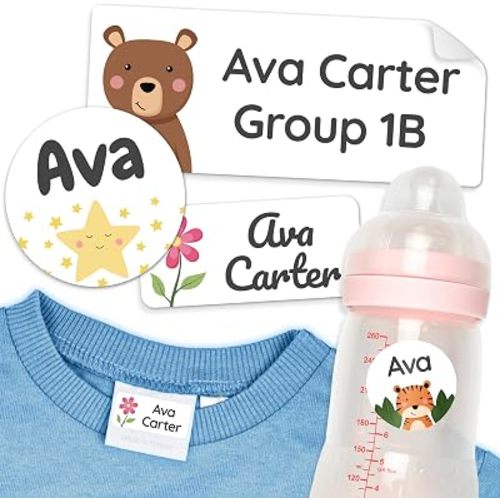 Personalized Daycare Name Labels for Kids [70pcs, White] - Waterproof Name Stickers for School, Baby Bottles & Clothing - Custom Name Stickers - Washable Stick On Labels (Various Sizes)