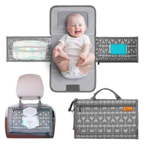Kopi Baby Portable Diaper Changing Pad, Wipes Pocket, Modern Grey Arrows | 22-In Waterproof Pad, Reversible Wipes Pocket, 1 Zipper Pocket, 1 Large Mesh Pocket, Built-In Pillow, Washable, Carry Straps
