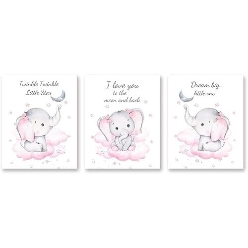 Watercolor Elephant Quote Art Print Canvas Wall Art, Pink Elephant Nursery Wall Decor for Kindergarten Girls' Bedroom (8"X10"X3 pcs, Unframed)