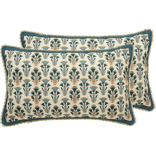 patdrea Designer Rectangle Throw Pillow Covers Set of 2,Rustic Vintage Blue Linen with Floral Pattern Pillow Cover,Decorative Lumbar Pillowcases Cushion for Bed Living Room Outdoor Car,12"x20"