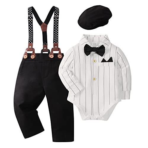 YALLET Baby Boy Clothes Set Infant Tuxedo Long Sleeve Gentleman Suit Outfits + Beret Hat + Suspender Pants + Bowtie 0-18M