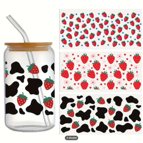 1pc UV DTF Transfer Vinyl Stickers - Strawberry & Cow Print Designs for 16oz Glass Cups, Tumblers, Furniture, DIY Crafts - Self-Adhesive Glossy Decals with Vibrant Colors