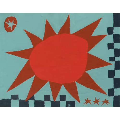 Hand Painted Sun Art Print – Mid Century Modern Folk Art Poster - Blue and Red Wall Art - Retro Sun Design Home Decor