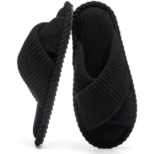 Slippers for Women Memory Foam House Bedroom Corduroy Crossbands Open Toe Slides Sandals Shoes Comfy Trendy Gift for womens Anti-Skid sole