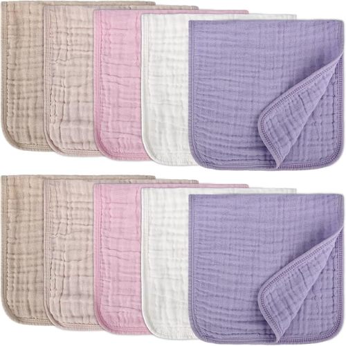 10 Pack Muslin Burp Cloths for Baby Girls 100% Cotton 20x10 Inch Popular Girl Colors Set Purple Pink Beige Brown White Soft Absorbent Newborn Infant Burping Cloths