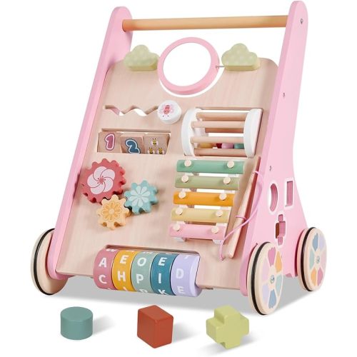 Wooden Baby Walker Wheels,Baby Push Walker for Babies 12 Months+ Montessori,Toddler Walker Push Toy Wooden Activity Walker for Boy,Walking Toys12 Months+ Learning to Walk
