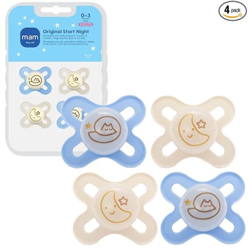 MAM Original Start Baby Pacifiers 0-3 Months, BPA-Free Skin Soft Silicone Nipple, Glows in The Dark, Developed with Medical Experts Specially for Smaller Newborn Mouths, 4 Pk, Made in Europe