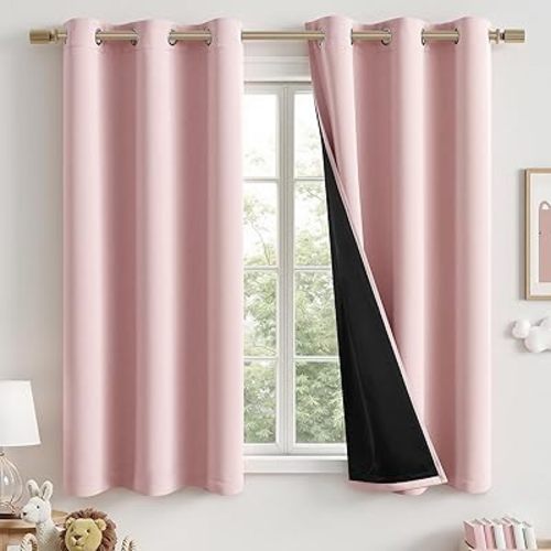 MIULEE Baby Pink 100% Blackout Curtains for Girls Bedroom 63 Inch Long, 2 Thick Layers Thermal Insulated Nursery Black Out Window Curtains with Black Liner, Noise Reducing Living Room Drapes 2 Panels