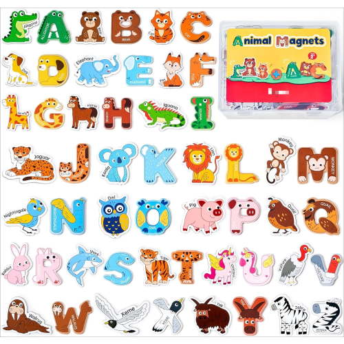 Wooden Thickened Alphabet Magnets for Toddlers Fridge Magnets, Large Cute Animal Colorful ABC Magnetic Letters, 26 Uppercase Letters, Educational Toy Set for Preschoolers Learning Spelling