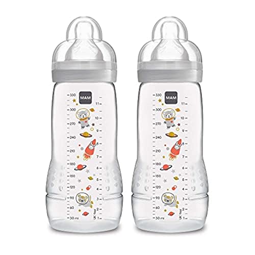 MAM Easy Active Baby Bottles 11oz, Fast Flow Skinsoft Silicone Nipple with Wide Neck Ergonomic Design, Easy to Hold, BPA-Free, Bottles with Leak-Proof Caps for 4+ Months Baby