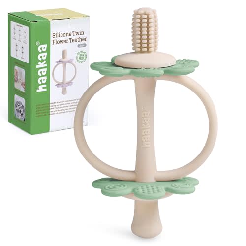 haakaa Silicone Baby Teether Toys,Nipple-Shaped End for Gum Massage,360° Baby Toothbrush Head for Self-Brushing Training,Easy to Grip-Pea Green