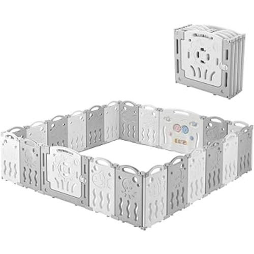 Albott Baby Playpen 22 Panel Foldable Baby playpen Folding Play Pen Kids Activity Centre Safety Play Yard Home Adjustable Shape, Portable Design for Indoor Outdoor Use (White+Grey, 22 Panel)