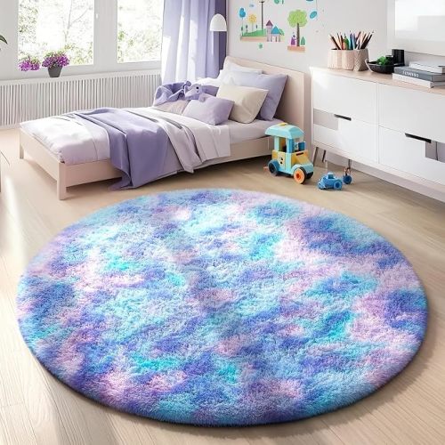 Ophanie Pink Round Rug for Bedroom Girls, Kids Fluffy Kawaii Fuzzy Shag Circle Circular Area Rugs, Cute Plush Christmas Small Carpet 4Ft 4 Foot, for Teen Baby Nursery Home Living Room Decor Aesthetic