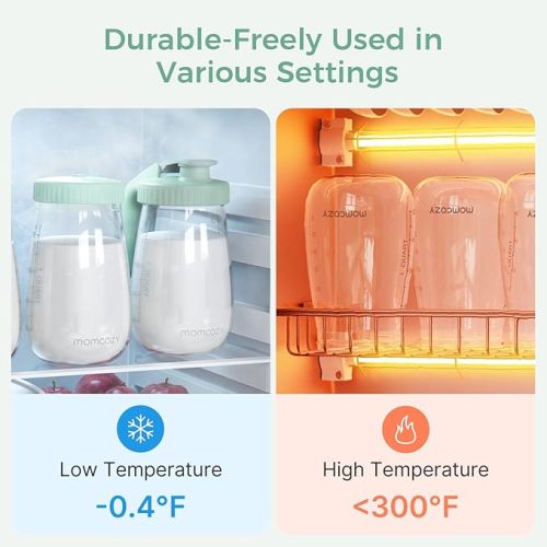 Momcozy Glass Breast Milk Pitcher with Flat and Handle Lid, 2pc, 32oz Each | 64OZ Total,Wide Mouth Leak-Resistant, Baby Formula Pitcher, Heat and Cold Resistant,Leak Proof with Thickened Silicone Seal