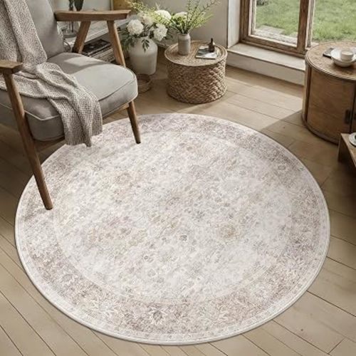 Round Rug 4ft Neutral Beige Washable Circle Rug for Entryway Kitchen