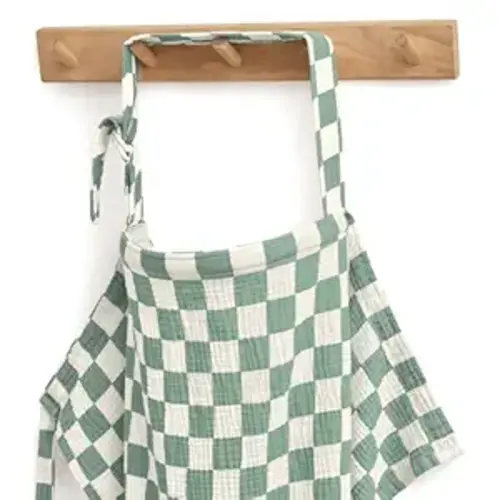 Blissful Diary Muslin Nursing Cover for Breastfeeding, Breathable Breastfeeding Cover up with Arch Neckline for Women, Nursing Apron (Sage Checkboard)