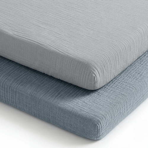 Comfy Cubs Muslin Fitted Bassinet Crib Sheet, Extra Soft 100% Muslin Cotton - 2 Pack, Pacific Blue and Heather