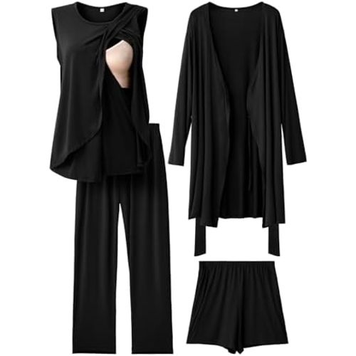 Rnxrbb 4 PCS All-Season Nursing Pajamas Robe Set Maternity Postpartum Pjs