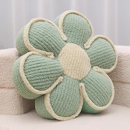 Sage Green Decorative Throw Pillows Flower Daisy Shaped Pillow 16" Soft Floor Cushion for Sofa Couch Bed Girls Room Bedroom Decor Aesthetic (1, Sage Green, 16 Inch)