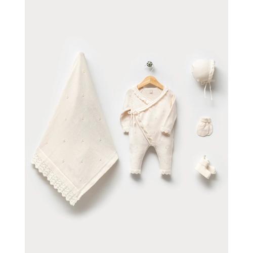 Organic Cotton Knit Baby Girl Coming Home Outfit, Lace Details