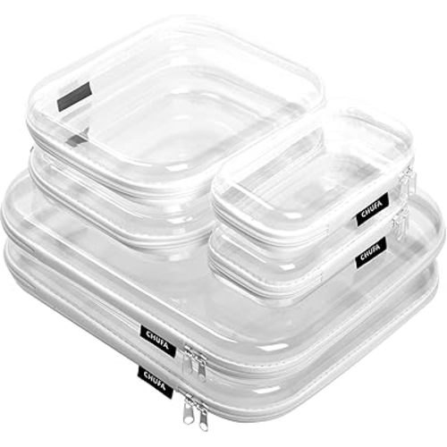 6 Pack Clear Hard Shell Zipper Case, See-Through Hard Plastic Organizer Pouches for Travel – Toiletries, Makeup, Electronics & Pencils, Crush-Resistant Storage, 3 Sizes (2 Small/2 Medium/2 Large)