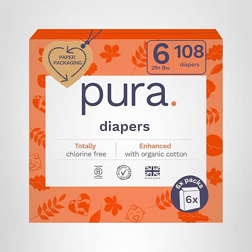 Pura Size 6 Eco-Friendly Diapers (29+ lbs) Totally Chlorine Free (TCF),Hypoallergenic, Soft Organic Cotton, Sustainable, up to 12 Hours Leak Protection, Allergy UK, 18 Count (Pack of 6),Total-108