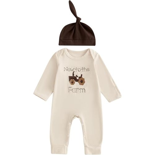 Bagilaanoe Fall Outfit Newborn Baby Boy One Piece Clothes Farm Tractor Long Sleeve Romper Jumpsuit Hat Set