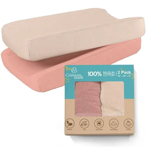 100% Muslin Changing Pad Cover Ultra Soft 120GSM Baby Changing Pad Covers for Girls and Boys - Easy wash Diaper Changing pad Cover with Low Shrinkage (2 Pack - Beige/Sand)