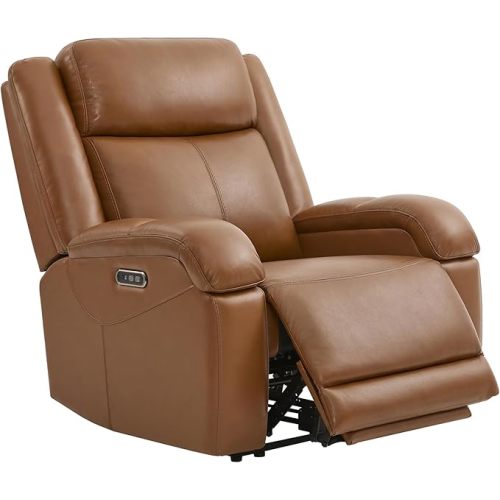 Watson & Whitely Oversized Genuine Leather Power Recliner Chairs, Wall Hugger Recliner with Power Headrest & Charging Ports, Extra Large Reclining Chair for Living Room, Saddle Brown