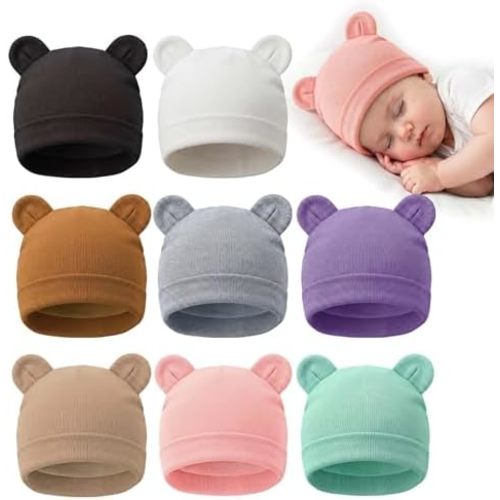 8 Pack Baby Newborn Hats Bear Ears Baby Infant Preemie Beanie Hats Soft Cap for Infant Baby Girls Boys, 0-3 Months