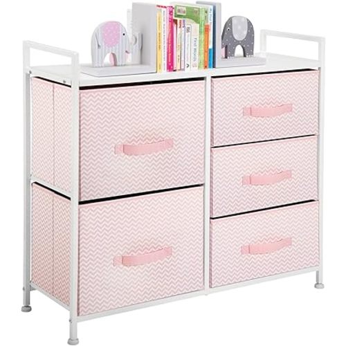 mDesign 30.03" High Steel Frame/Wood Top Storage Dresser Furniture Unit with 5 Removable Fabric Drawers - Tall Bureau Organizer for Bedroom, Living Room, Closet - Spira Collection - Pink/White