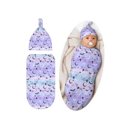 Halloween Gothic Swaddle Blanket Hat Set for Boys Girls, Soft Bat Moon Goth Baby Stuff Newborn Swaddle Wrap Receiving Blanket Shower Gift