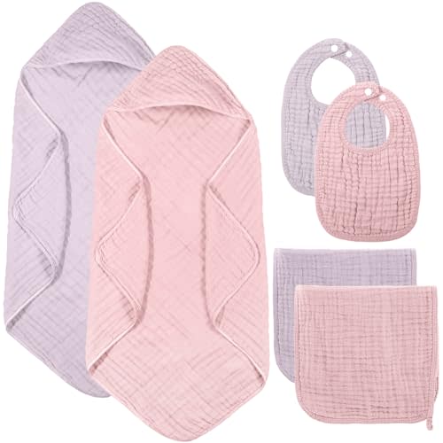 Hahafelt 6 Pcs Baby Hooded Towels Washcloths and Bibs Set Muslin Cotton Soft Absorbent Baby Bath Towels for Boys Girls Newborn Infant Essentials(Pink, Purple)