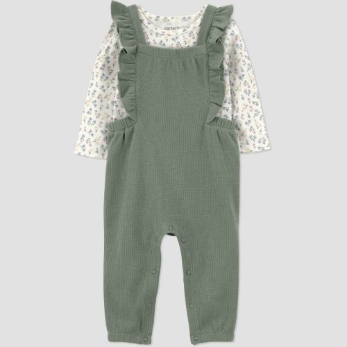 Carter's Just One You® Baby Girls' 2pc Floral Long Sleeve Bodysuit and Ruffle Overalls Set - Green Newborn