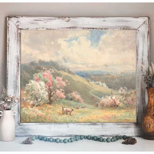 Framed Lamb Nursery Wall Art, Vintage Sheep Meadow Landscape, Cottagecore Baby Room Decor, Pastoral Nursery Artwork