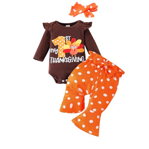 Axumity My First Thanksgiving Outfits Newborn Baby Girl Romper+Polka Dot Pant +Headband Girl Thanksgiving Set