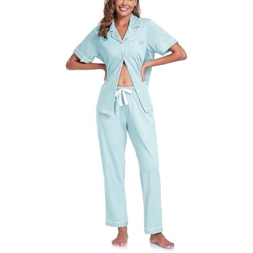 COLORFULLEAF Women's 100% Cotton Pajama Set Button Down Sleepwear Short Sleeve Shirt and Long Pants Soft ladies Lounge Sets