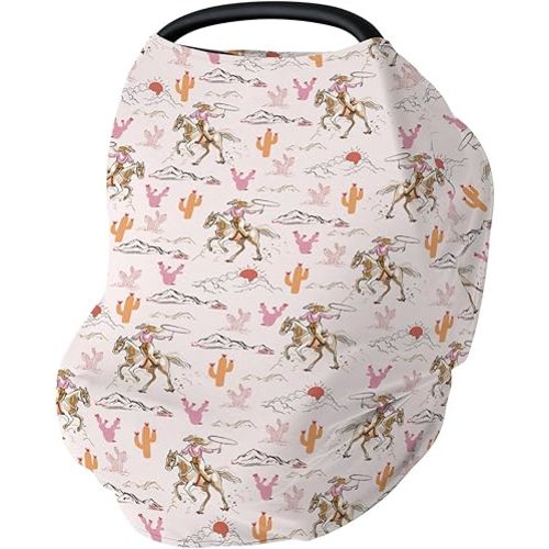 Cute Pink Cowgirl Car Seat Cover for Baby Western Cowgirls Horse Cactus Mountain Sunset Stretchy 5-in-1 Covers Adjustable Infant Carseat Canopy Cover Wild West Desert Breathable Nursing Cover-Up