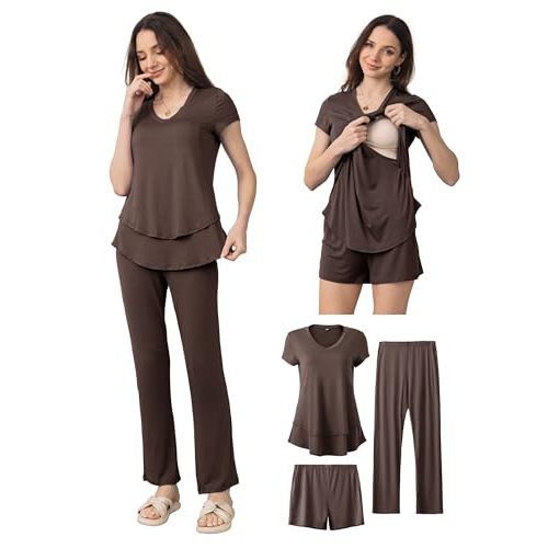 SUNNYBUY 3 PCS Maternity Breastfeeding Pajamas Set, Hidden Nursing Tops, Adjustable Pregnancy Shorts & Pants Postpartum PJS