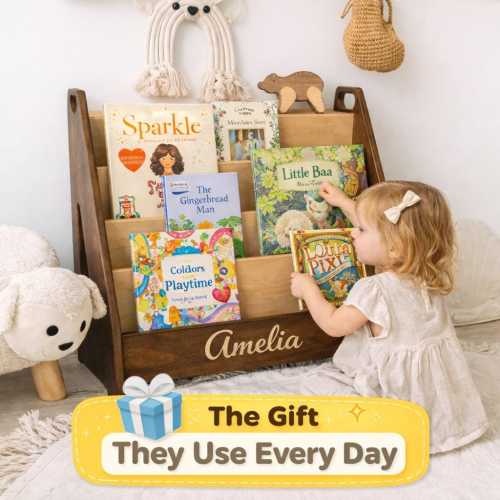 The Gift They Use Every Day – Personalized Kids Bookshelf, Montessori Book Display, Wooden Nursery Organizer, Toddler Birthday Gift