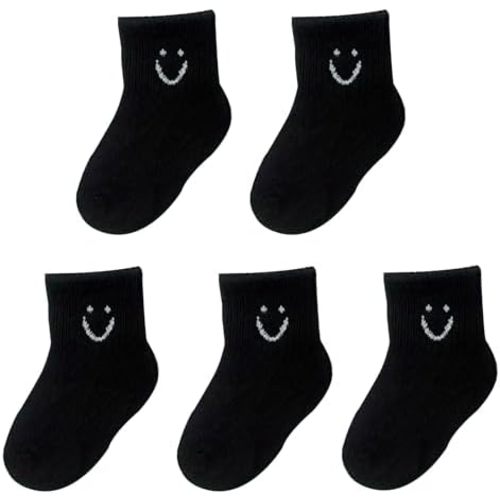 Toddler Boys Girls Crew Socks, Happy Face Unisex Kids Soft Cotton Solid Color Dress Ankle Socks, Pack of 5