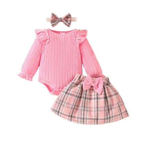 RMGVDSD Baby Girl Clothes Toddler Girl Fall Skirt Outfits Long Sleeve Ruffles Ribbed Romper Plaid Bowknot Skirts With Headband Clothes Set 0-3 Months