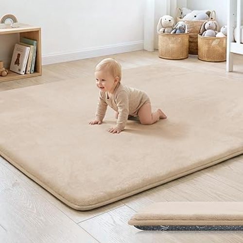1.3" Thick Baby Floor Play Mat 50x50, Basic Padded Foam Mat for Tummy Time Crawling, Non Slip Cushioned for Babies Toddlers Infants Kids (Beige)