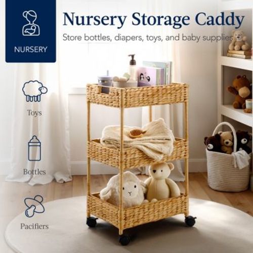 Best Choice Products 3-Tier Water Hyacinth Rolling Nursery Caddy w/ Wheels, Utility Cart, Storage Organization - Natural